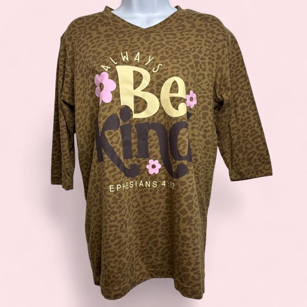 M/L "Always Be Kind" Ephesians 4:32 Leopard Print Top 3/4 Sleeve V-Neck